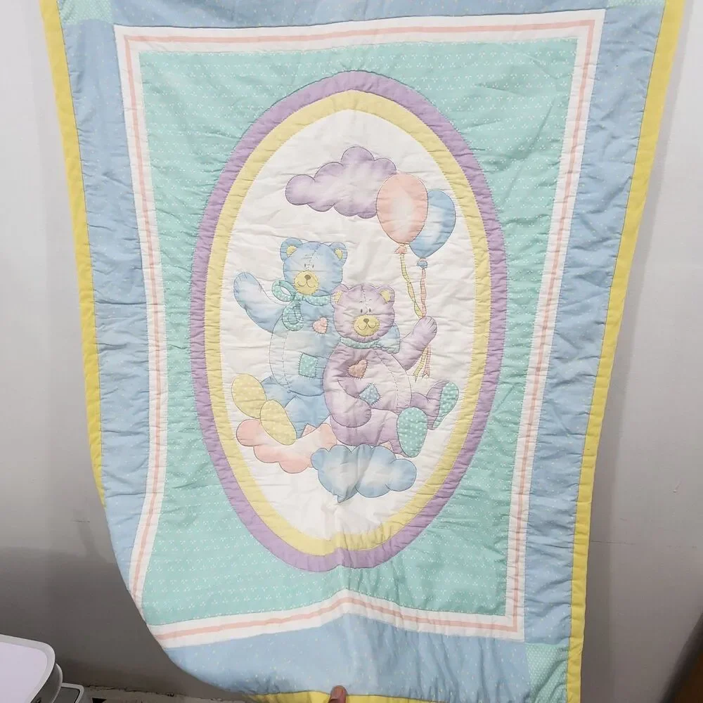 Vintage Bedtime Originals Teddy Bear Balloons Pastel Baby Crib Quilt Blanket